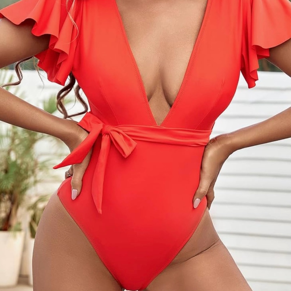 Dixperfect Womens Ruffle Bathing Suit Deep V Neck Sexy One Piece Swimsuit NWT